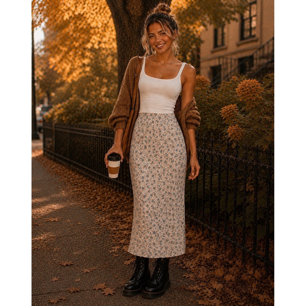 Prairie Floral Linen Long Skirt Cottagecore Coquette Romantic Blue White SZ